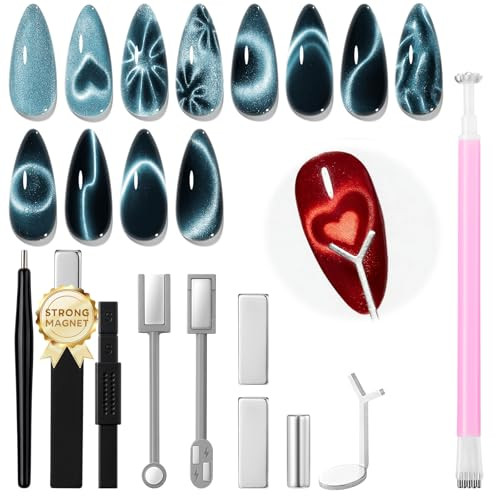 modelones Cat Eye Magnet Set, Heart Nail Art Tool Strong Magnetic Pen Double Head Round Magnets Stick Wand Diverse French Moon Floral Cateye Effect D