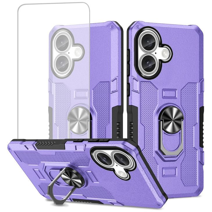 Ueokeird Case for iPhone 16 Plus Case with Tempered Glass Screen Protector, Heavy Duty Protection with Metal Ring Magnetic Kickstand Phone Cover for