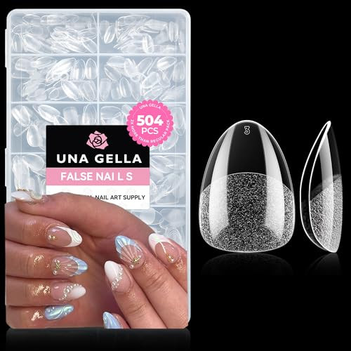 UNA GELLA Extra Short Almond Nail Tips Full Cover 504PCS Gel Nail Tips Short Almond Shaped Nails Tips Soft Gelly Gel Clear Fake Nails Tip for Acrylic