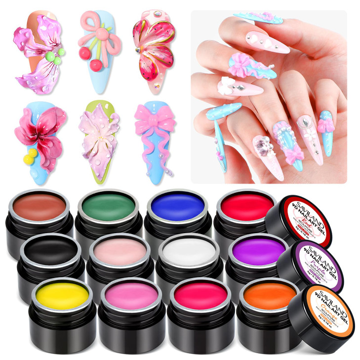 SAVILAND 3D Nail Gel Set: 12 Colors Non-Sticky Soak Off 3D Sculpting Gel for Nail Art Painting Drawing Hand Carving Molding with Sculpture Pen for 3D
