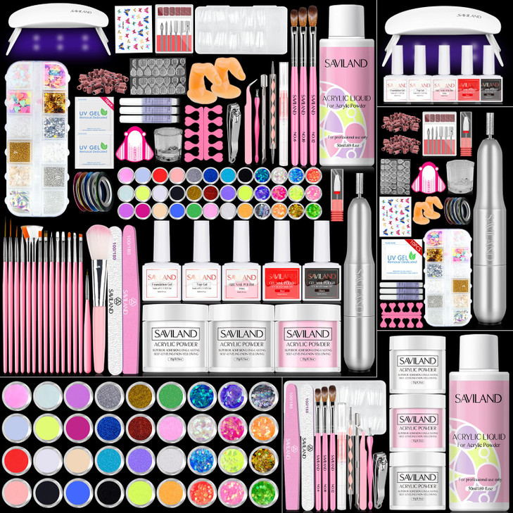 SAVILAND Acrylic Nail Kit with Drill: Professional Acrylic Nail Set for Beginners with Everything U V Light 3 Colors Gel Polish Decorations Nails Too