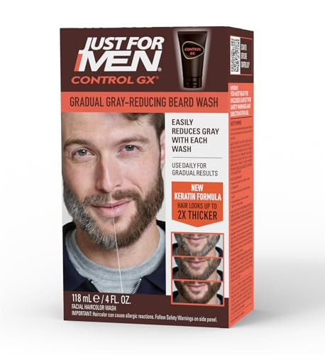Just for Men Control GX Grey Reducing Beard Wash Shampoo with Keratin, Gradually Colors Mustache and Beard, Leaves Facial Hair Thicker Softer and Ful