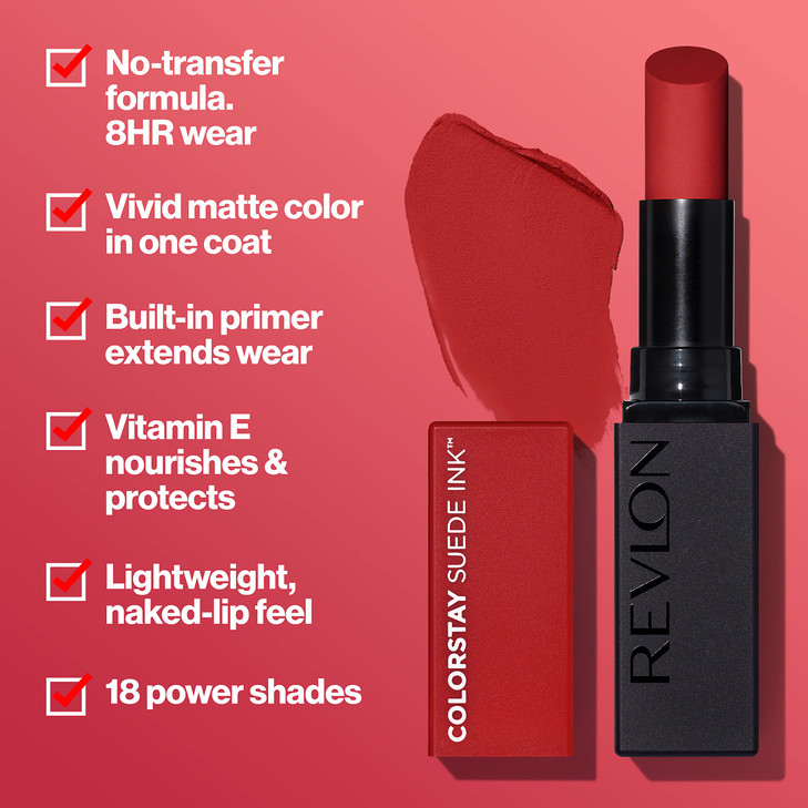 Revlon Lipstick, ColorStay Suede Ink, Built-in Primer, Infused with Vitamin E, Waterproof, Smudge-proof, Matte Color, 008 That Girl, 0.09 oz