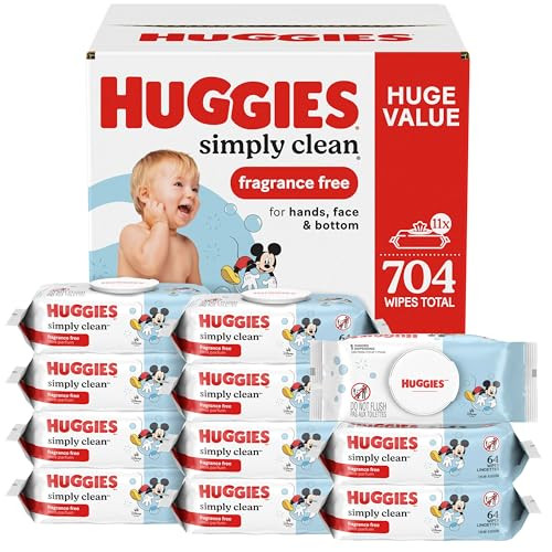 Huggies Simply Clean Unscented Baby Diaper Wipes, 11 Flip-Top Packs (704 Wipes Total), Packaging May Vary