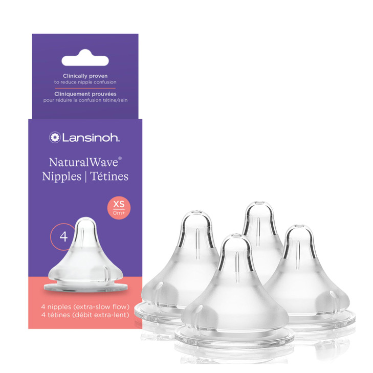 Lansinoh NaturalWave Baby Bottle Nipples, Extra Slow Flow, Size XS, 0+ Months, 4 Count  100% Soft, Durable Silicone, Made Without BPA BPS, Anti-Coli