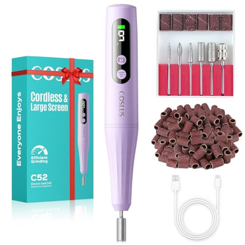 COSLUS C52 Electric Cordless Nail Drill: Professional Nail File kit with LED Screen for Acrylic Gel Powder. Portable for Home DIY & Salon Use. Manicu