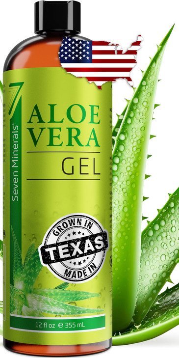 Seven Minerals Organic Aloe Vera Gel from freshly cut 100% Pure Aloe - Big 12oz - HighestQuality, Texas grown, Vegan, Unscented - For Face, Skin, Hai