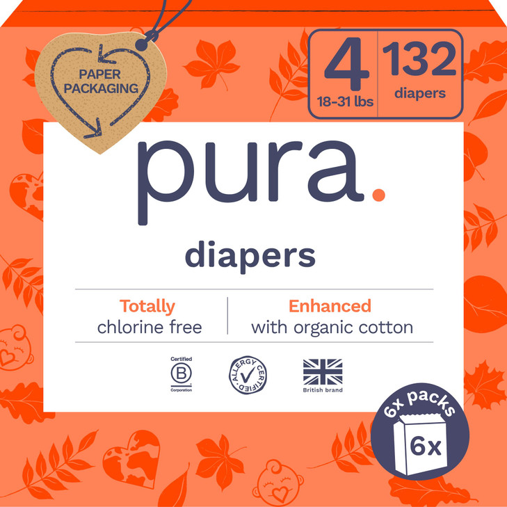 Pura Sensitive Skin Baby Diapers | Size 4 (18-31 lbs) | Hypoallergenic, Totally Chlorine Free, Fragrance Free, Up to 12-Hour Leak Protection | 6 Pack