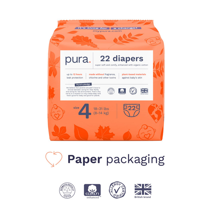 Pura Sensitive Skin Baby Diapers | Size 4 (18-31 lbs) | Hypoallergenic, Totally Chlorine Free, Fragrance Free, Up to 12-Hour Leak Protection | 6 Pack