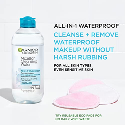 Garnier Micellar Water For Waterproof Makeup, Hydrating Facial Cleanser & Makeup Remover, Suitable for Sensitive Skin, Vegan, Cruelty Free, 13.5 Fl O