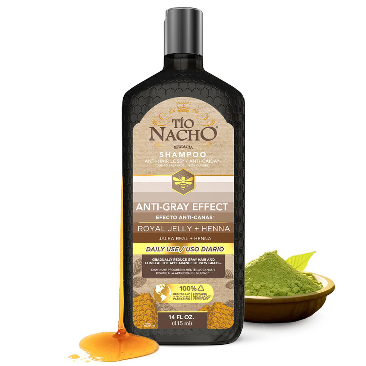 Tio Nacho Anti-Gray Effect Shampoo with Henna and Royal Jelly, Gray Coverage Shampoo and Hair Dye for Women and Men, Natural Henna Hair Color Shampoo