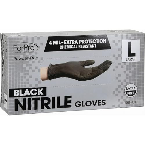 ForPro Professional Collection Disposable Nitrile Gloves, Chemical Resistant, Powder-Free, Latex-Free, Non-Sterile, Food Safe, 4 Mil, Black, Large, 1