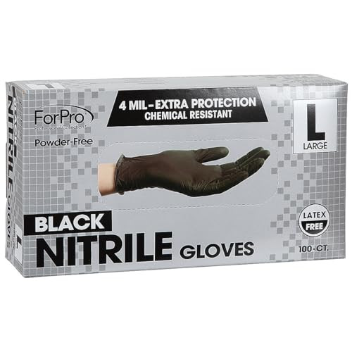 ForPro Professional Collection Disposable Nitrile Gloves, Chemical Resistant, Powder-Free, Latex-Free, Non-Sterile, Food Safe, 4 Mil, Black, Large, 1