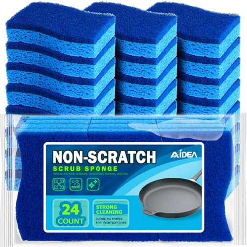 AIDEA Non Scratch Scrub Sponge, 24Count, Sponges for Dishes, Sponges Kitchen, Cleaning Sponge, Cleans Fast Without Scratching, Stands Up to Stuck-on