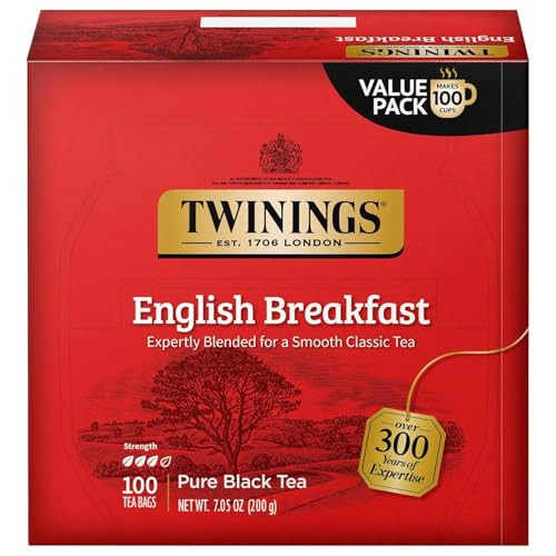 Twinings English Breakfast Black Tea Individually Wrapped Bags, 100 Count (Pack of 1), Smooth, Flavourful, and Robust, Caffeinated, Enjoy Hot or Iced
