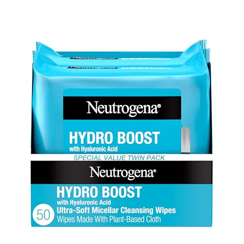 Neutrogena Hydro Boost Ultra-Soft Micellar Cleansing Wipes with Hyaluronic Acid, Hydrating Makeup Remover Wipes Remove Dirt & Waterproof Makeup, Hypo