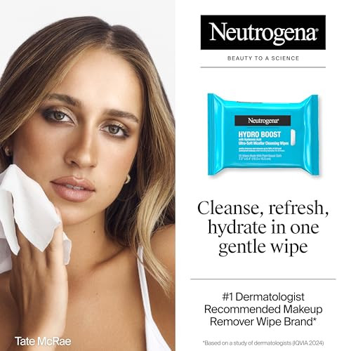 Neutrogena Hydro Boost Ultra-Soft Micellar Cleansing Wipes with Hyaluronic Acid, Hydrating Makeup Remover Wipes Remove Dirt & Waterproof Makeup, Hypo