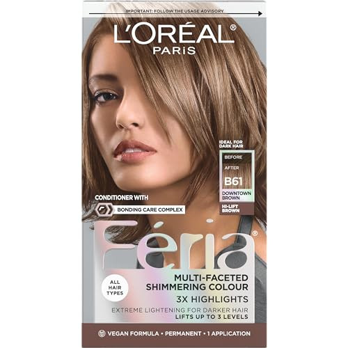 L'Oreal Paris Feria Multi-Faceted Shimmering Permanent Hair Color, B61 Downtown Brown (Hi-Lift Cool Brown), Pack of 1 Hair Dye Kit