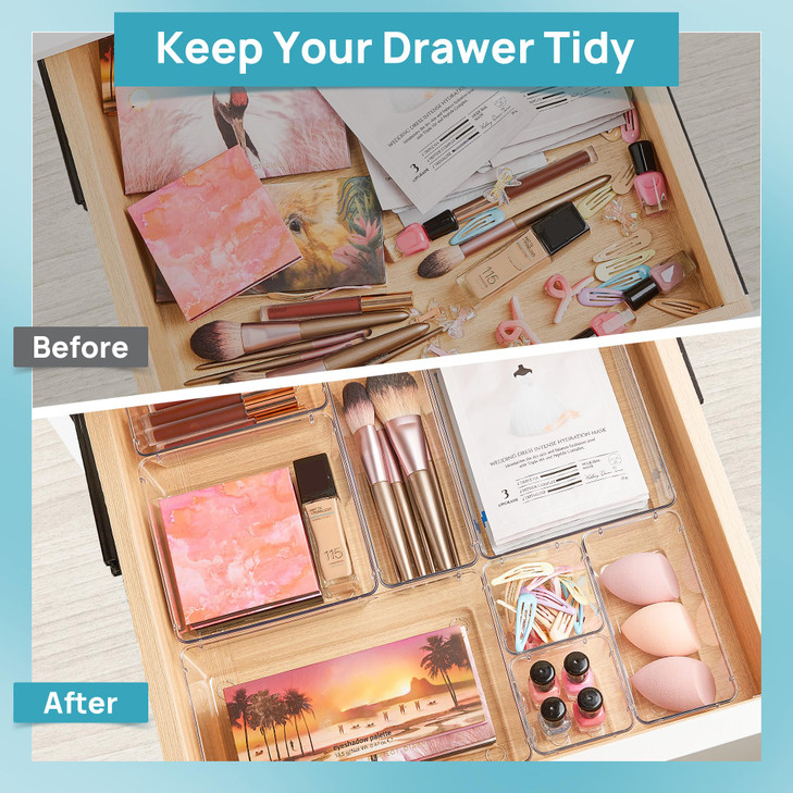 Vtopmart 25 PCS Clear Plastic Drawer Organizers Set, 4-Size Versatile Bathroom and Vanity Drawer Organizer Trays, Storage Bins for Makeup, Bedroom, K