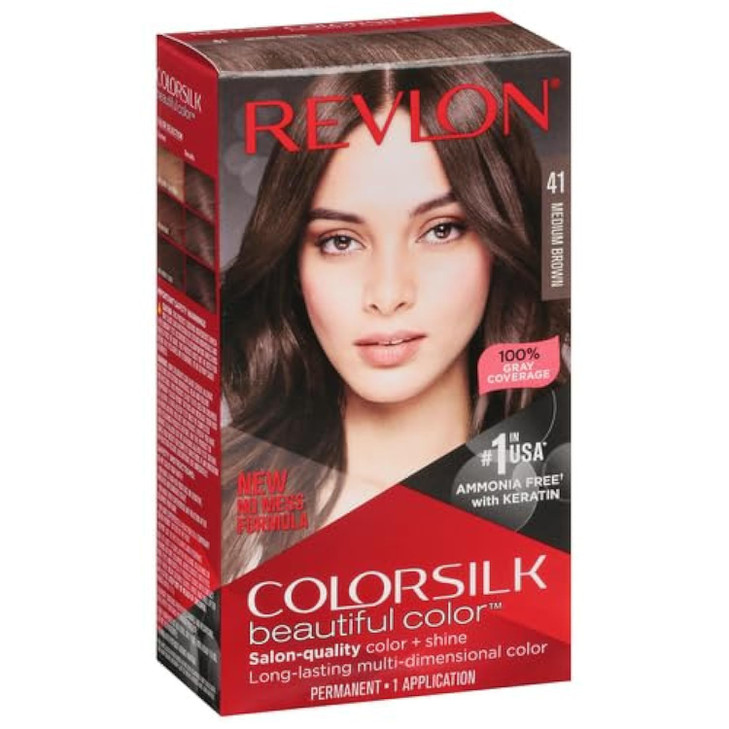 Permanent Hair Color by Revlon, Permanent Hair Dye, Colorsilk with 100% Gray Coverage, Ammonia-Free, Keratin and Amino Acids, 41 Medium Brown, 4.4 Oz