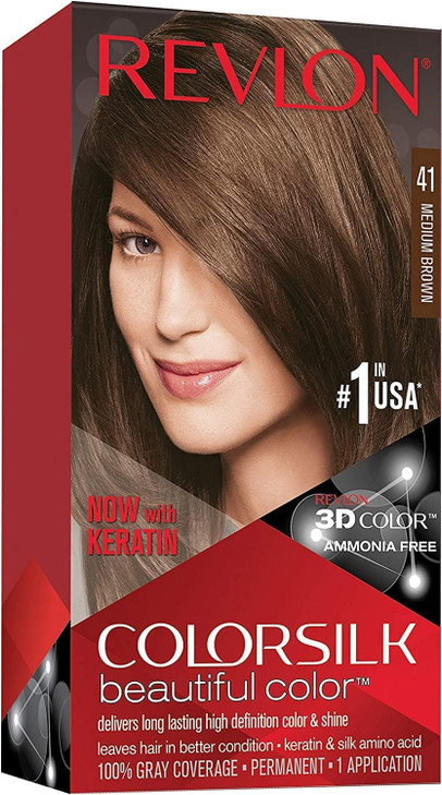 Permanent Hair Color by Revlon, Permanent Hair Dye, Colorsilk with 100% Gray Coverage, Ammonia-Free, Keratin and Amino Acids, 41 Medium Brown, 4.4 Oz