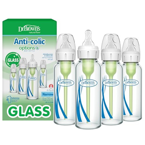 Dr. Brown's Anti-Colic Options+ Narrow Glass Baby Bottle with Level 1 Slow Flow Nipple, BPA-Free, 8 oz/250 mL, 0m+, 4-Pack (Packaging May Vary)