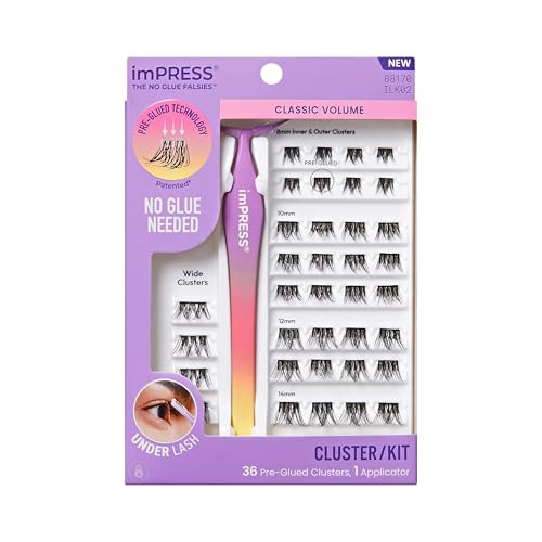 KISS imPRESS Falsies Self Adhesive Eyelashes, Press On Lashes, 12mm-14mm Glam Volume Lashes, Black, No Glue Needed, Invisible Band, 36 Lash Clusters