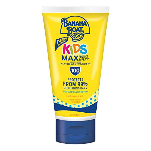 Banana Boat Kids Max Protect & Play Lotion Sunscreen SPF 100, 4oz | Childrens Sunscreen, Kids Sunblock Spray, High SPF, Water Resistant, 4oz