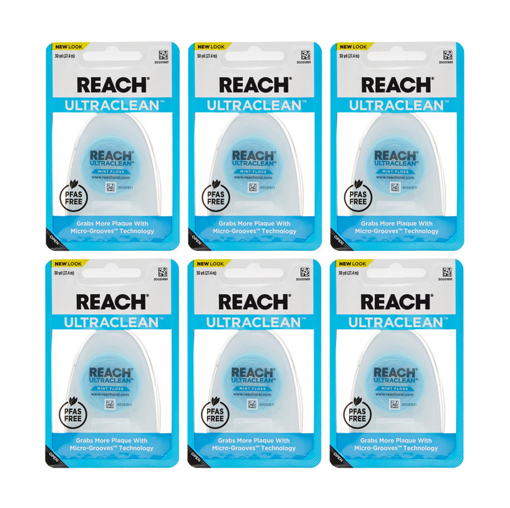 REACH Ultraclean Dental Floss, Mint, Plaque Remover for Teeth, Shred Resistant, Waxed, Easy on Gums & Teeth, Mint, Oral Care, PFAS Free, for Adults &