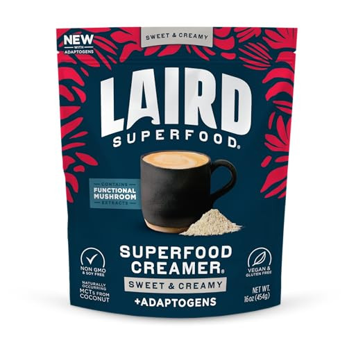 Laird Superfood Non-Dairy Coconut Powder Creamer - Sweet & Creamy + Adaptogens - Superfood Creamer with Functional Mushrooms - Non-GMO, Vegan, 16 oz.