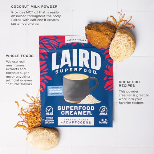 Laird Superfood Non-Dairy Coconut Powder Creamer - Sweet & Creamy + Adaptogens - Superfood Creamer with Functional Mushrooms - Non-GMO, Vegan, 16 oz.