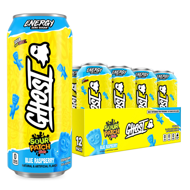 GHOST Energy Drink - 12-Pack, Sour Patch Kids Blue Raspberry, 16oz - Energy & Focus & No Artificial Colors - 200mg Natural Caffeine, L-Carnitine & Ta
