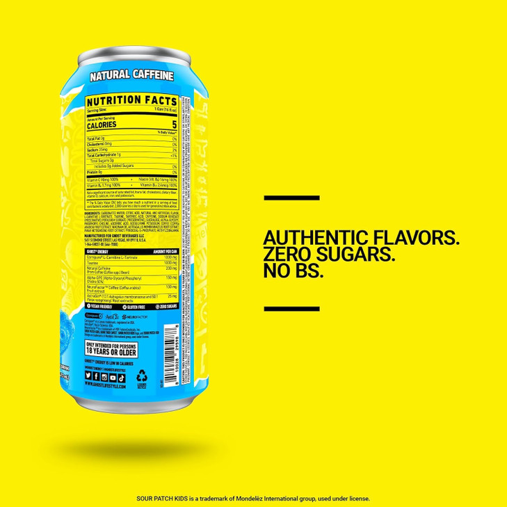 GHOST Energy Drink - 12-Pack, Sour Patch Kids Blue Raspberry, 16oz - Energy & Focus & No Artificial Colors - 200mg Natural Caffeine, L-Carnitine & Ta