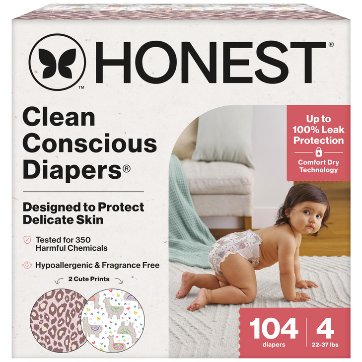 The Honest Company Comfort Dry Disposable Diapers for Sensitive Skin, Hypoallergenic, Wild Thang + All The Alpacas, Super Club Box Size 4 (2237 lbs)