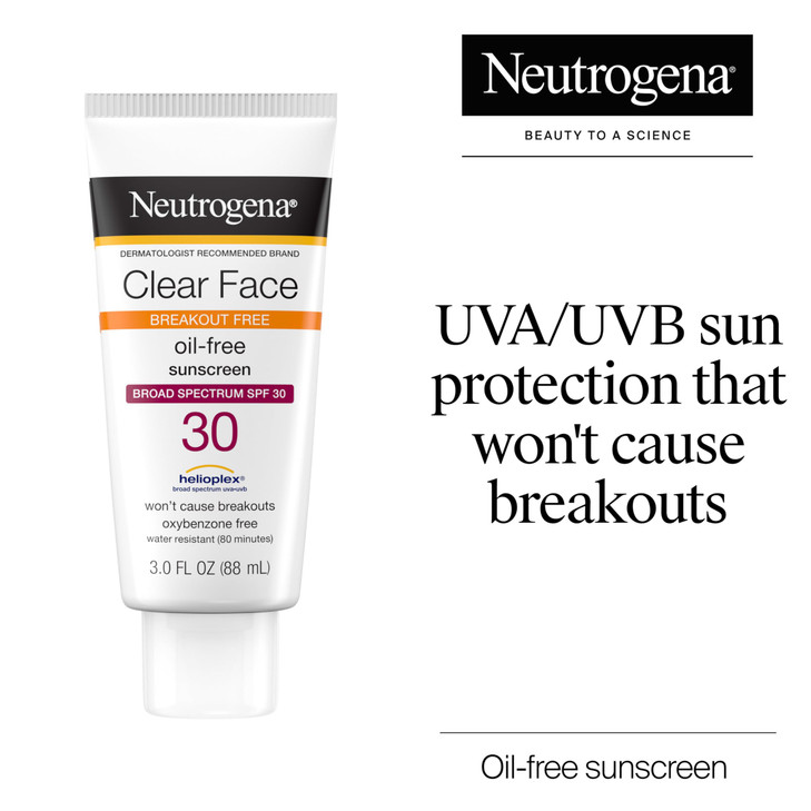Neutrogena Clear Face Sunscreen Lotion for Acne-Prone Skin, Broad Spectrum SPF 30 Facial Sunscreen for Oily Skin, Fragrance- & Oxybenzone-Free Water