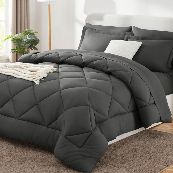 CozyLux Queen Comforter Set Dark Grey - Bed in a Bag Queen Size 7 Pieces, Luxury Soft Bed Set for All Seasons, Bedding Set with Comforter, Sheets, Pi