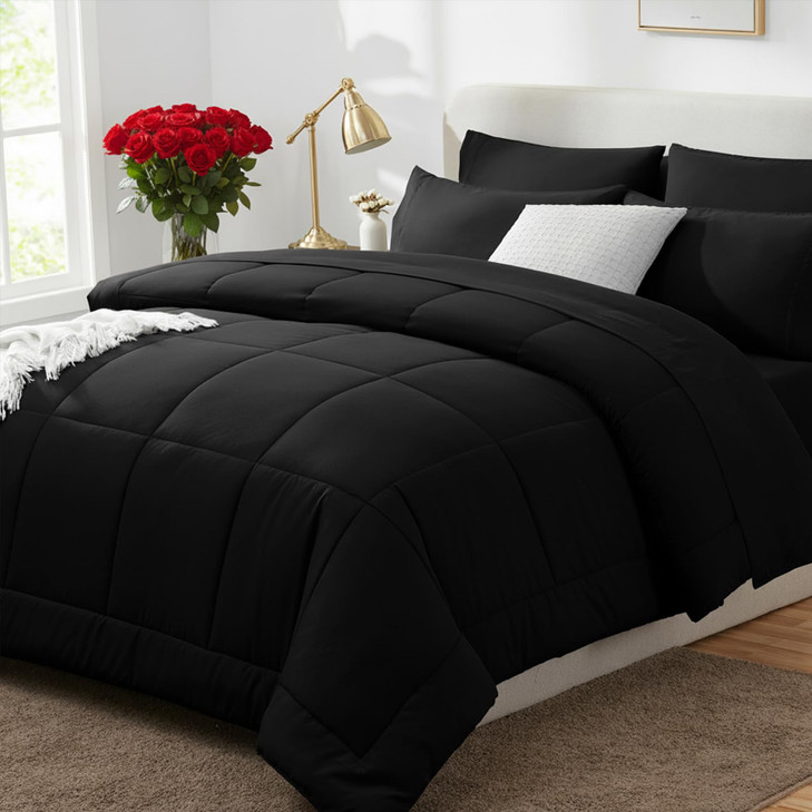 CozyLux Queen Comforter Set Black, 7 Pieces Bed in a Bag, Black Comforter Queen Size, All Season Bedding Sets with Stitch Quilted Comforter, Flat She
