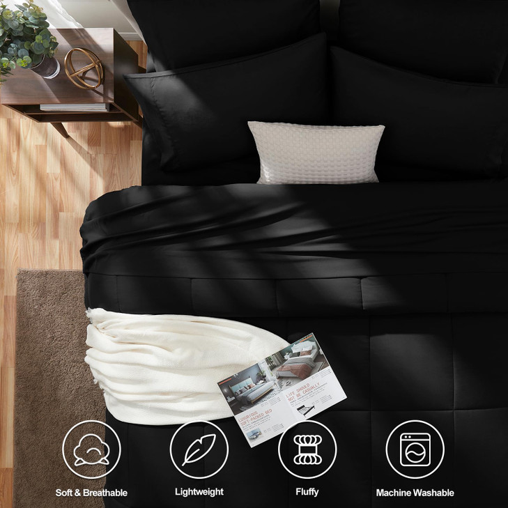 CozyLux Queen Comforter Set Black, 7 Pieces Bed in a Bag, Black Comforter Queen Size, All Season Bedding Sets with Stitch Quilted Comforter, Flat She