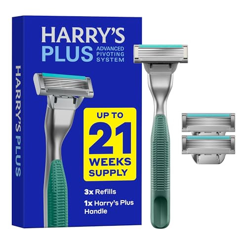 Harry's Plus Razor Shaving Kit for Men - Premium Handle and 3 Razor Blade Cartridges - Advanced Pivoting System - Moss