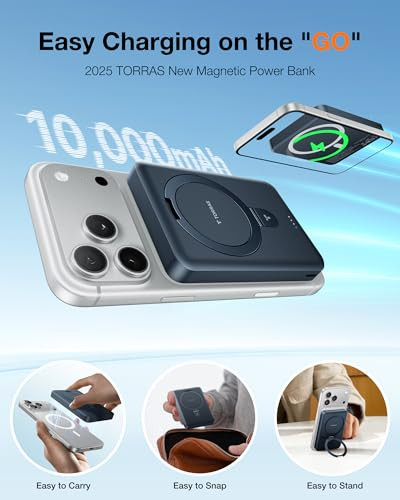 TORRAS EasyGo 10000mAh Magnetic Portable Charger Power Bank for iPhone, Fast Charging Travel Essential Wireless Battery Pack with Stand Compatible wi
