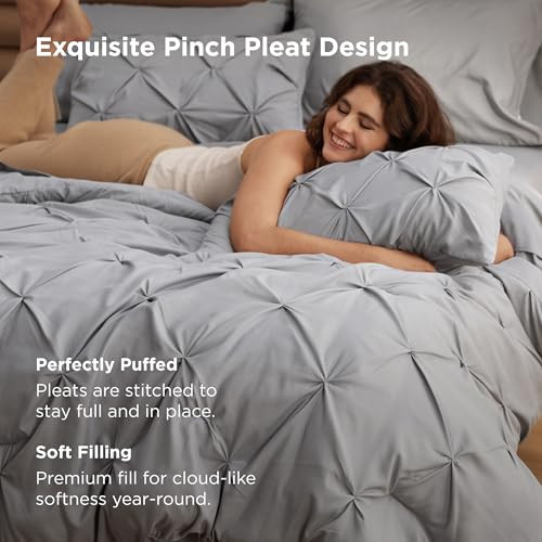 Bedsure Queen Comforter Set Grey - Bed in a Bag Queen Size Bedding 7 Pieces, GentleSoft Pintuck Bed Set Gift for Family, Pinch Pleat All Season Comf