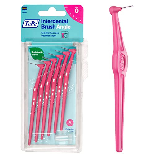 TePe Interdental Brush Angle, Angled Dental Brush for Teeth Cleaning, Pack of 6, 0.45 mm, Extra-Small/Small Gaps, Orange, Size 1