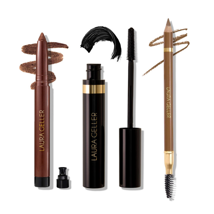 LAURA GELLER Lauras 3 Es Eyeliner, Eyelash & Eyebrow Kit for Mature Skin | Medium Brown | Kajal Longwear Eyeliner, Kajal Longwear Mascara & Bravo B