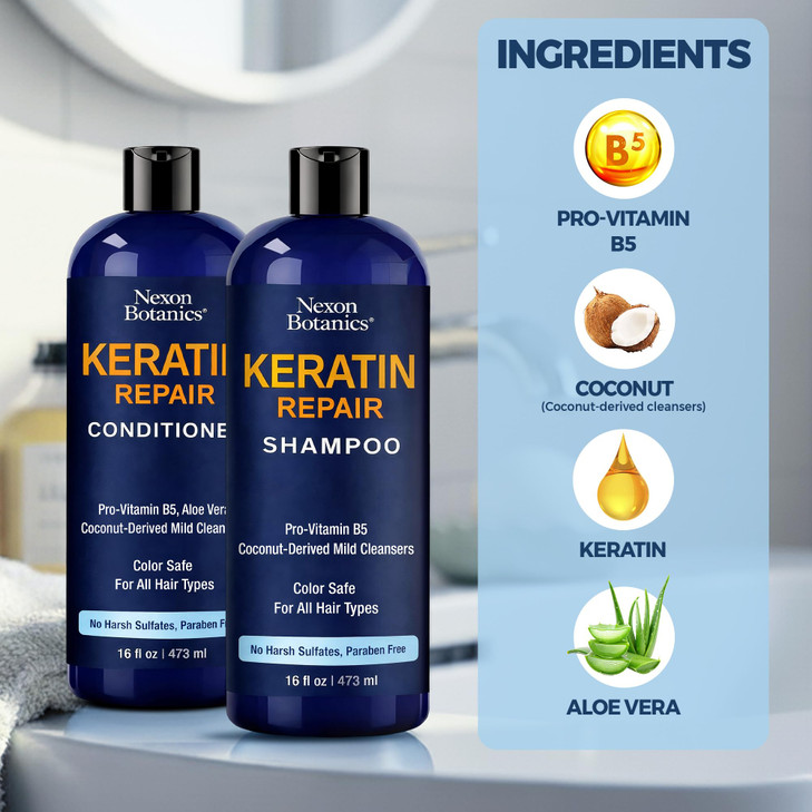 Keratin Shampoo and Conditioner Set 16 fl oz Each - Strengthening & Smoothing Care for Dry, Damaged, Frizzy or Keratin-Treated Hair - Color Protectin