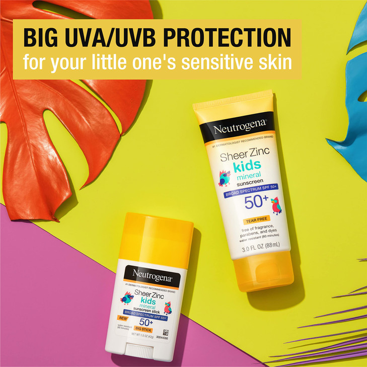 Neutrogena Sheer Zinc Oxide Kids Mineral Sunscreen Lotion, Broad Spectrum SPF 50+ with UVA/UVB Protection, Water-Resistant for 80 Minutes, Paraben-,