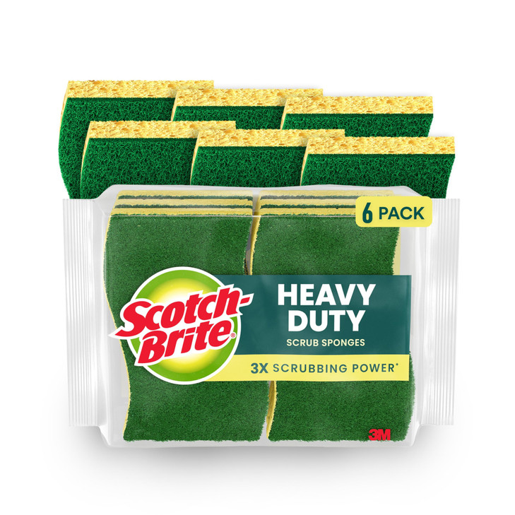Scotch-Brite Heavy Duty Scrub Sponge, 6 Kitchen Sponges Designed for Tough Messes in the Kitchen that Last 3X Longer*, Best for Cast Iron Skillets an