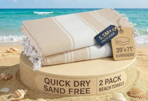 LANE LINEN Oversized Beach Towels, 2 Pack Turkish Towel Set for Adults, Lightweight, Quick Dry, Absorbent & Sand Proof, 39"x71" Pool Towels  Beige