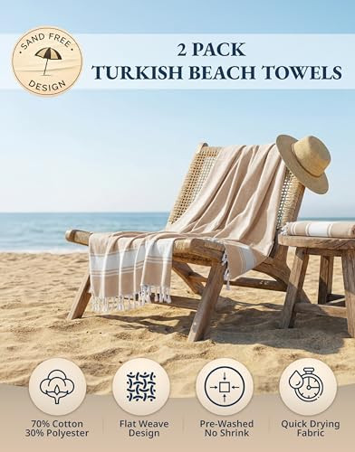 LANE LINEN Oversized Beach Towels, 2 Pack Turkish Towel Set for Adults, Lightweight, Quick Dry, Absorbent & Sand Proof, 39"x71" Pool Towels  Beige