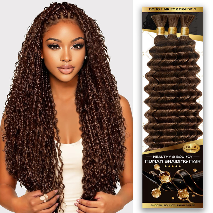 Human Braiding Hair for Boho Braids, 20 Inch 100% 12A Deep Wave Boho Hair for Braiding 3 Bundles/Pack Bohemian Bulk Human hair No Weft Extensions for