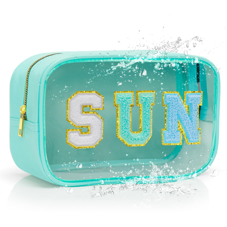 Easter Basket Gifts Clear Makeup Bag,Waterproof Sunscreen Bag with Letter Patches,Travel Beach Pool Bag,Personalized Travel Toiletry Cosmetic Bags Gi